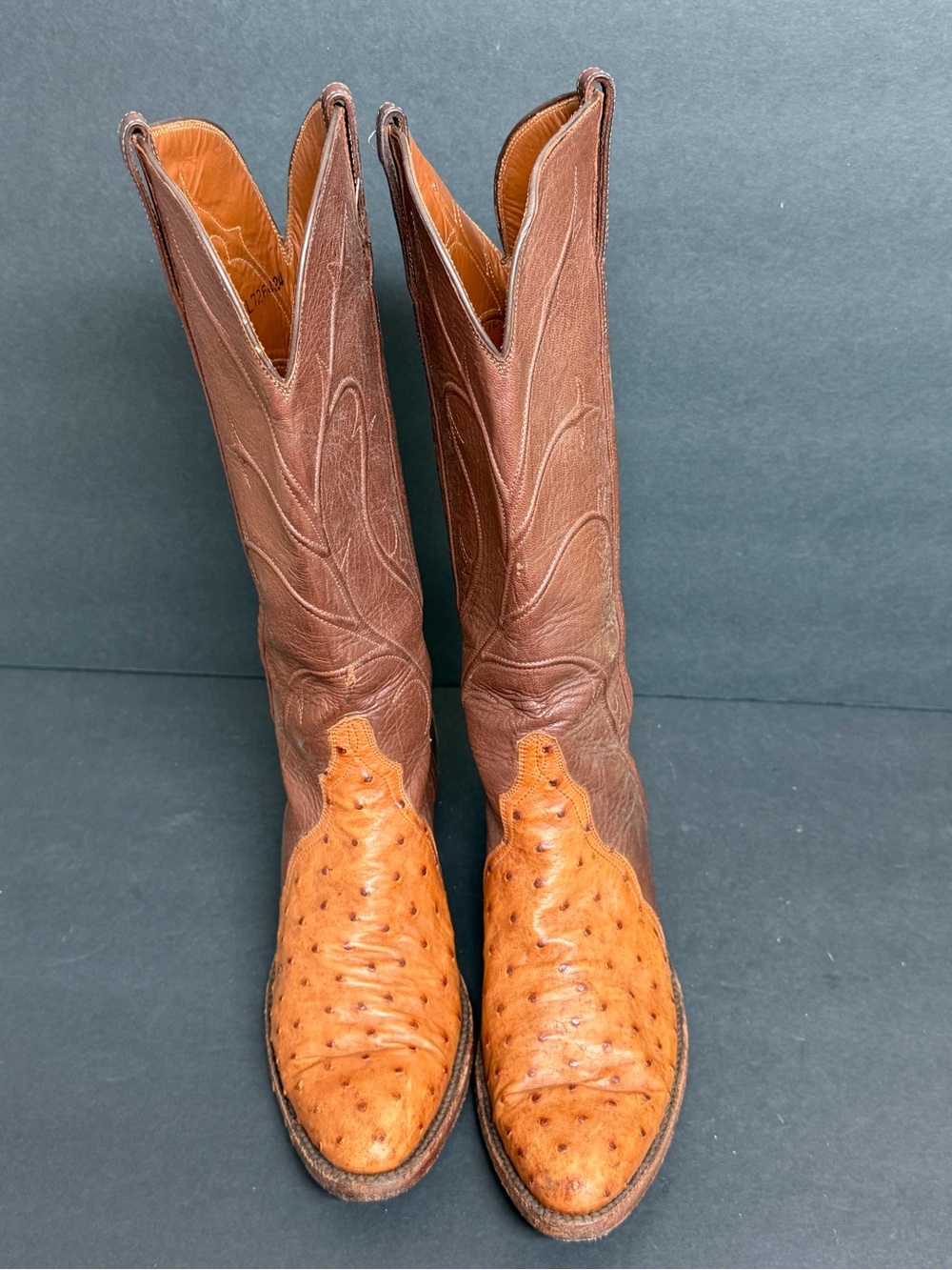 Lucchese Two-Tone Brown and Tan Ostrich-Accent Heeled Boots - Picture 3 of 11